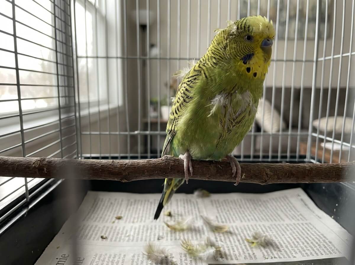 Perruche ondulée verte sur son perchoir, quelques plumes tombées au fond de la cage
