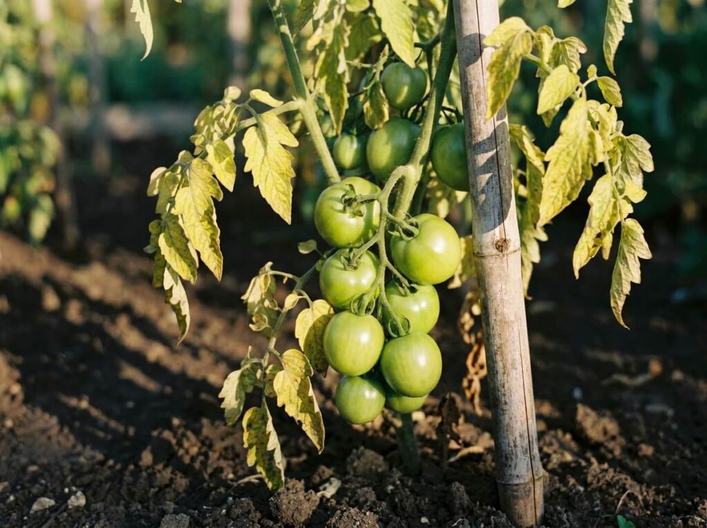 Tomates encore vertes sur le pied dans un potager en fin de saison