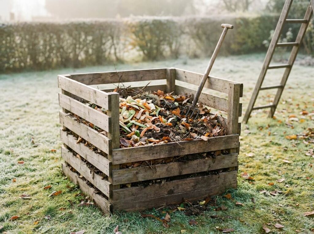 Composteur en bois ouvert dans un jardin, dechets de cuisine peu decomposes retournes a la fourche