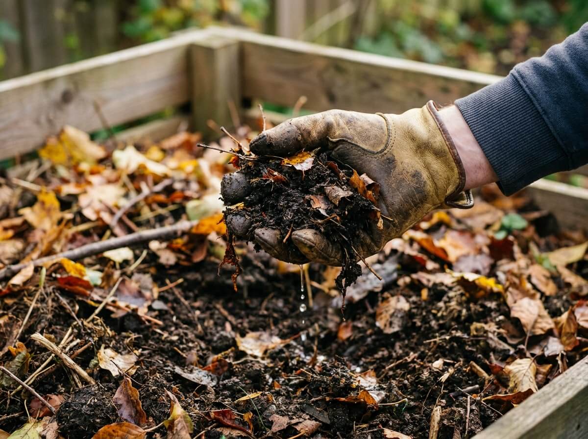 Main pressant une poignée de compost humide pour tester son taux d'humidité en automne