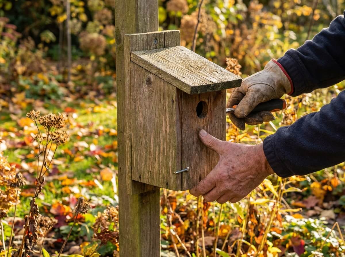 Mains fixant un nichoir en bois brut sur un poteau du jardin à l'automne
