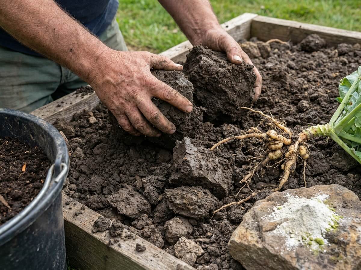 Mains de jardinier ameublissant une butte de terre lourde avant plantation de choux-fleurs