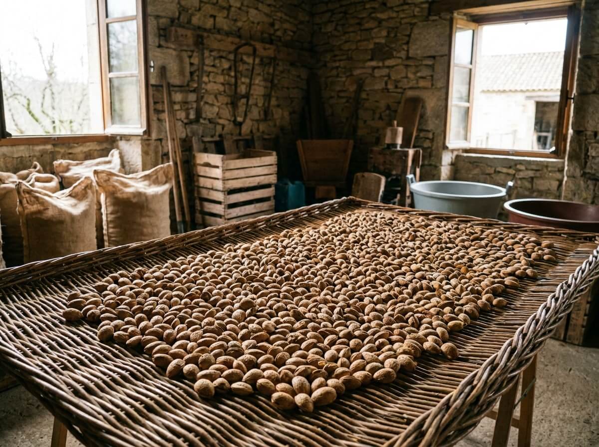 Amandes en coque séchant en fine couche sur une claie en osier dans un local aéré