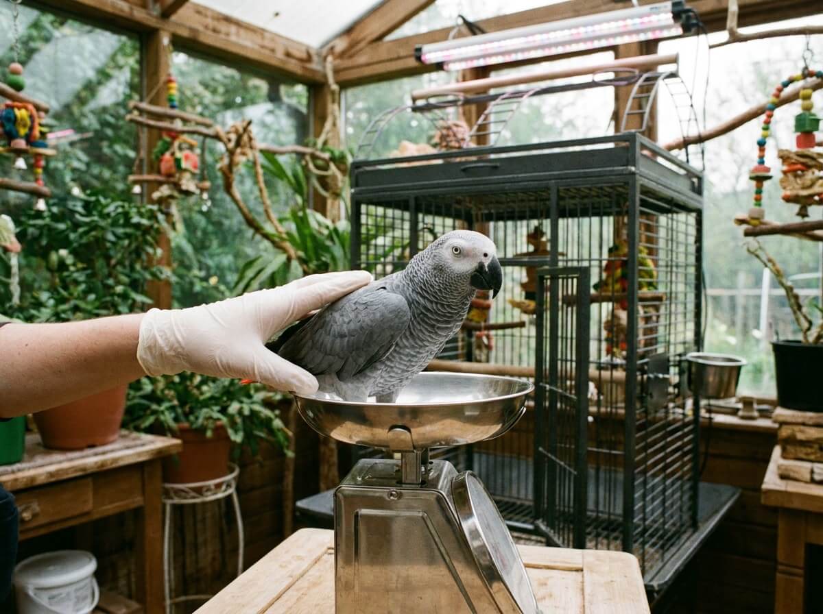 Main posant un perroquet sur une balance de cuisine pour le pesage hebdomadaire de contrôle