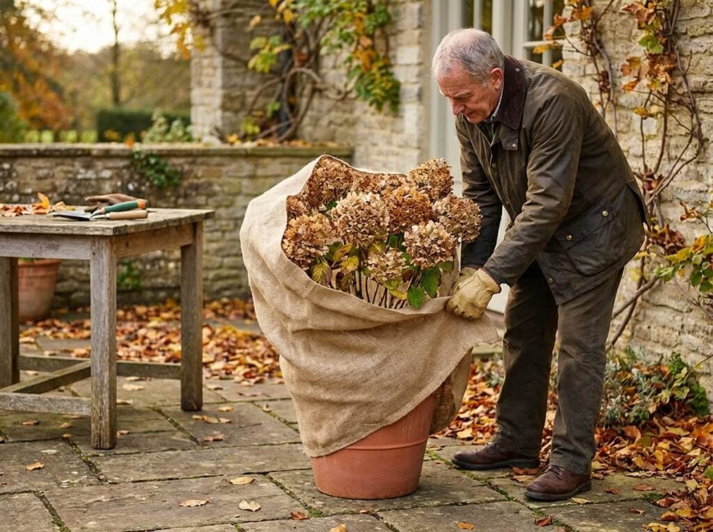 Hortensia en pot sous voile d'hivernage