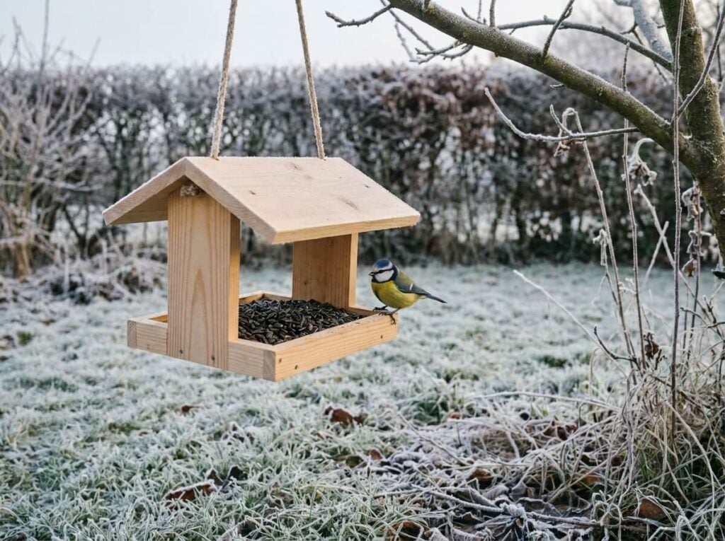 Mesange bleue sur une mangeoire en bois suspendue, garnie de graines de tournesol noir, dans un jardin givre au petit matin d hiver